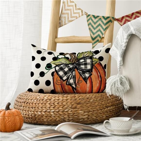 Fall Polka Dot Pumpkin Throw Pillow Cover12x20 Inch, Autumn & Thanksgiving Decor - Picture 5 of 7